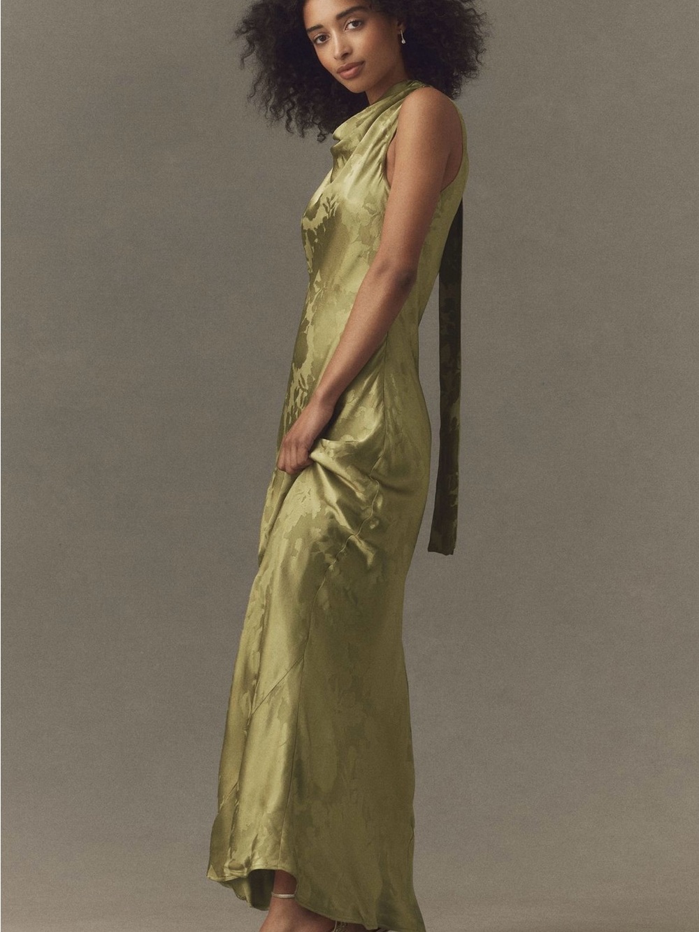 BHLDN Olive Chartreuse Floral Jacquard Cowl Neck Formal Dress